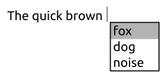 Image of a UI with next word prediction, showing "fox" as the next word for "The quick brown"